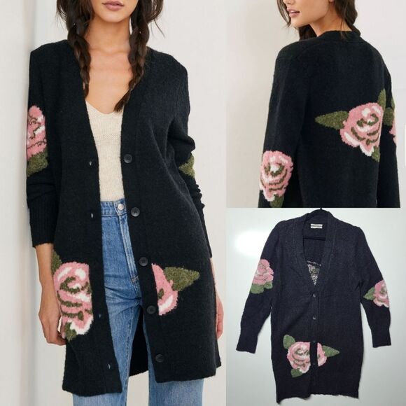 ANTHROPOLOGIE ROSE LONG LINE CARDIGAN BLACK PINK ROSES SWEATER MEDIUM - Picture 1 of 4